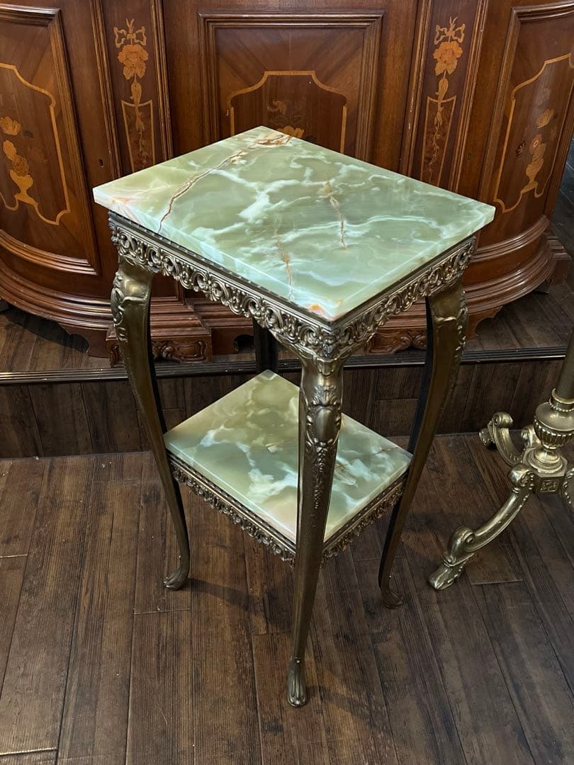k079r118 イタリア製 大理石コンソールテーブル グリーン系 真鍮脚 2段