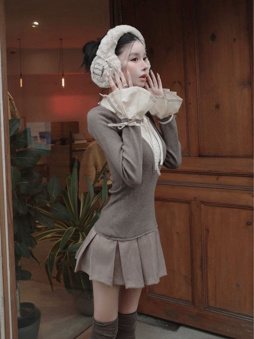 ダーリッチ シャツドッキングプリーツミニワンピース モカ　FL