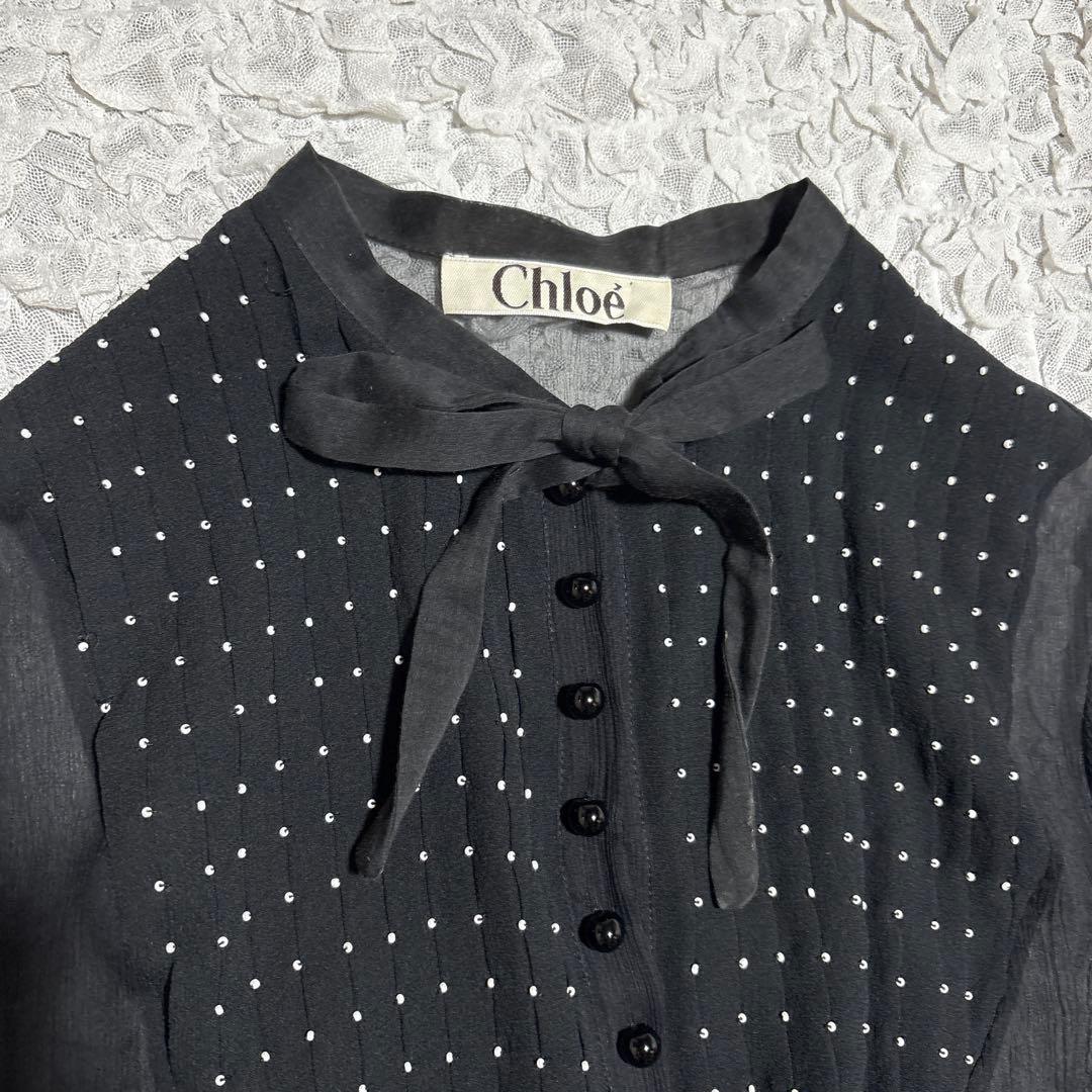 Chloe シルク100% シアー ブラウス　ビーズドット リボン　ボウタイ　黒