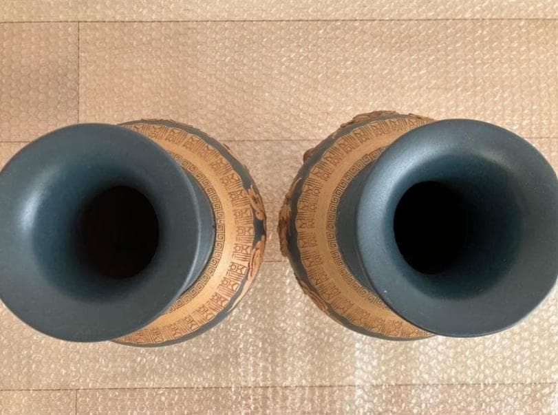 花瓶一対 龍鳳2個セット 紫砂 中国民国 夏永君製