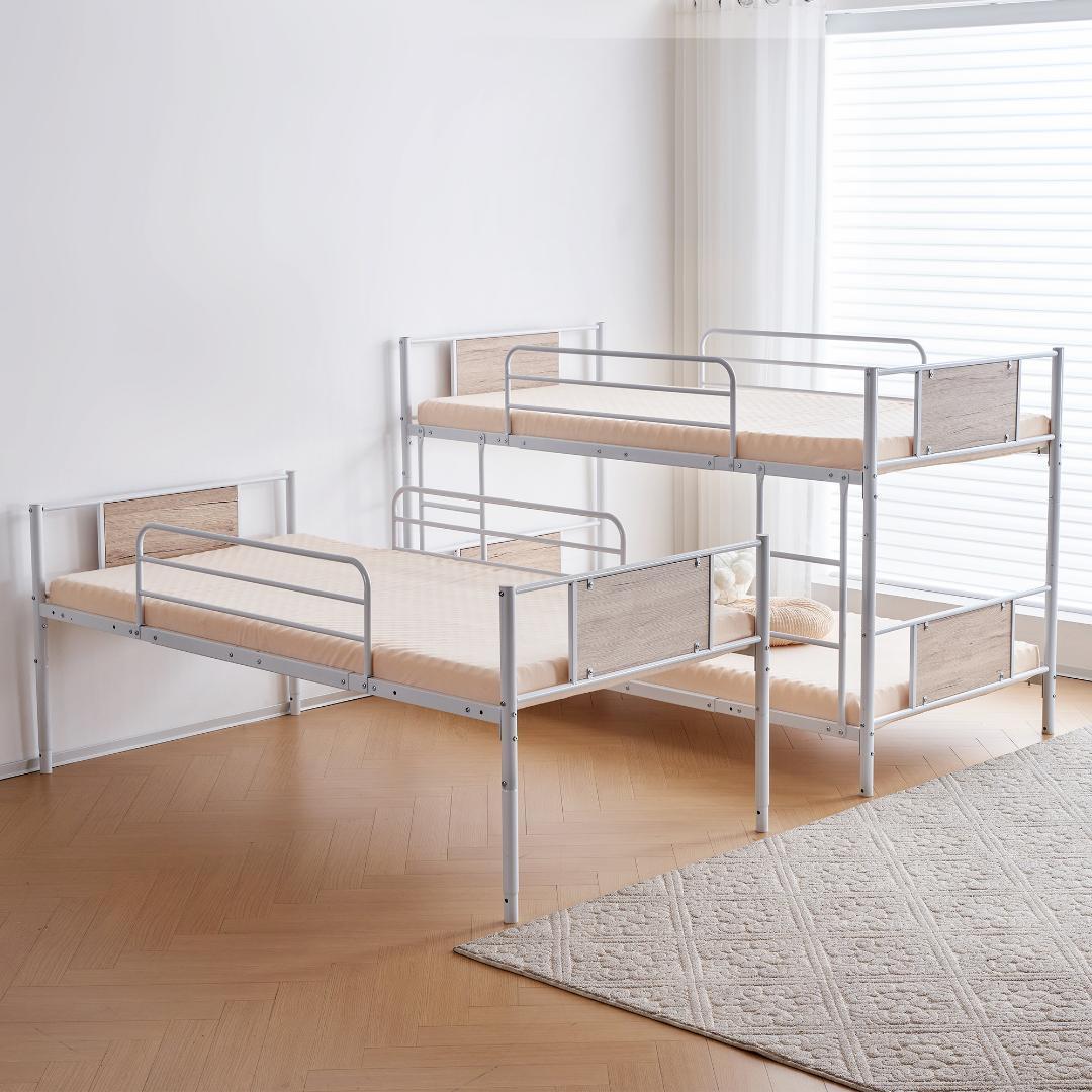 【ホワイト】三段ベッド パイプベッド分離可能スチールベッド　子供部屋スチール耐震
