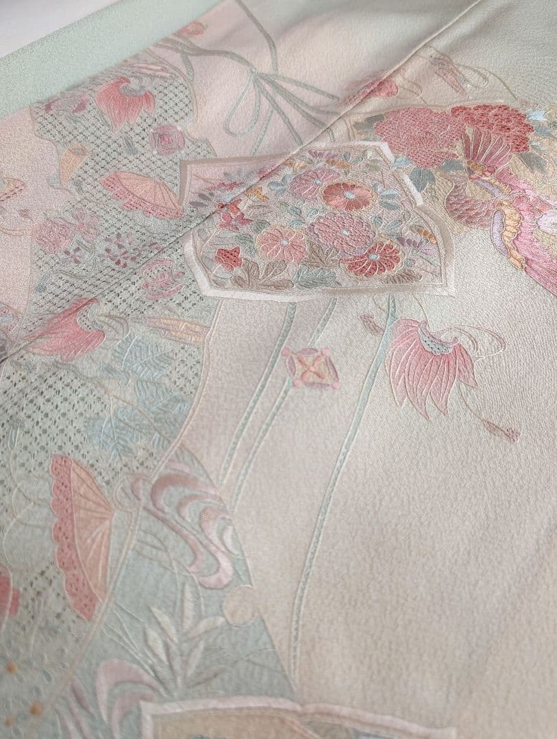 蘇州刺繍　訪問着　袋帯　セット　ぼかし染め　花鳥・宝尽くし　白緑・秘色・乙女色