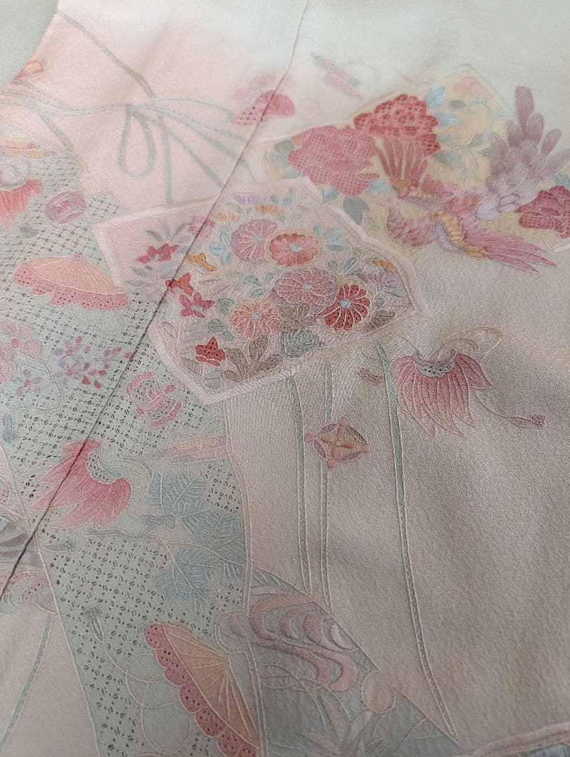 蘇州刺繍　訪問着　袋帯　セット　ぼかし染め　花鳥・宝尽くし　白緑・秘色・乙女色