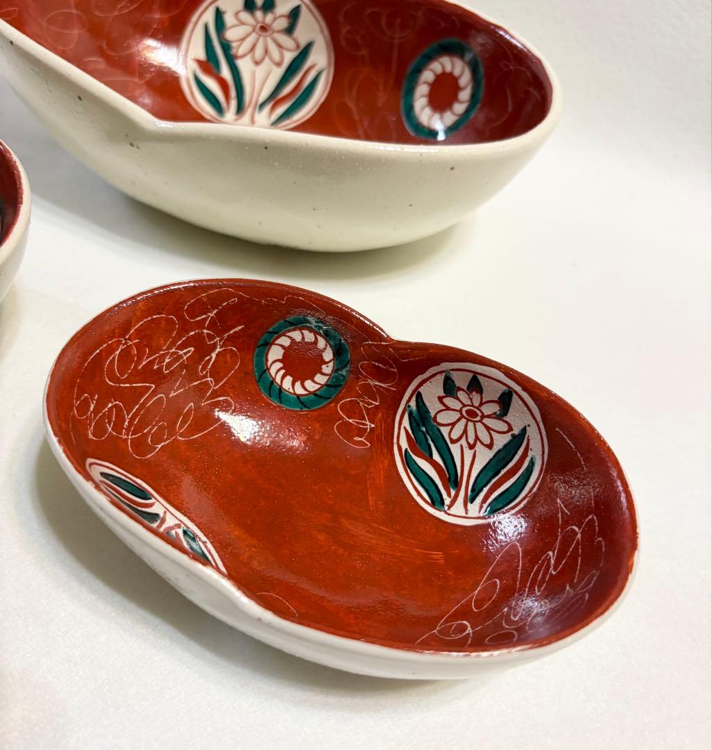 九谷焼 暁堂 赤絵 花文 変形楕円鉢 大中小 セット 上質 和食器 手描き