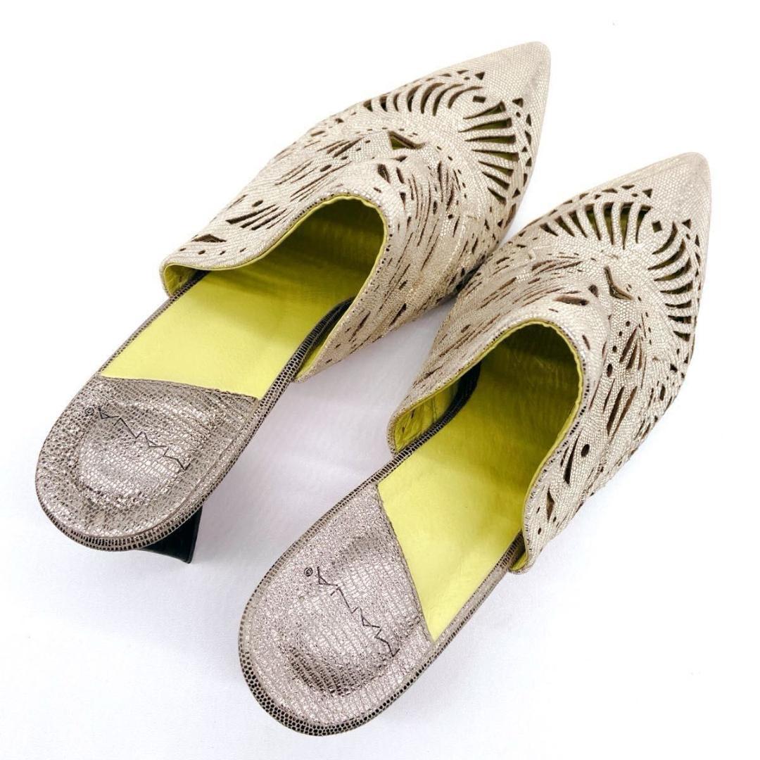 レア✨️MANA　やぎ革　ミュール　サンダル　ゴールド　チャンキーヒール　40