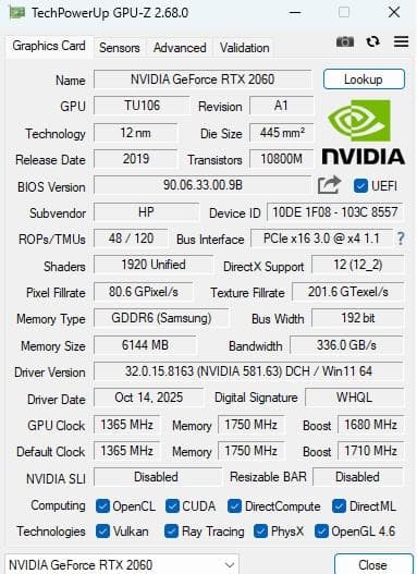 Geforce RTX2060 6GB 訳あり起動確認済