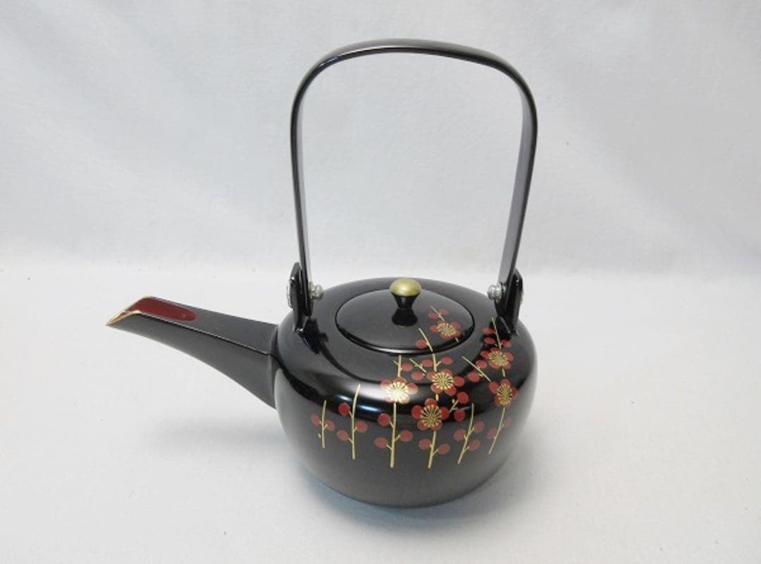 ほぼ未使用 茶道具 天然木製 本漆黒塗 会津塗 屠蘇器 立梅蒔絵 元箱