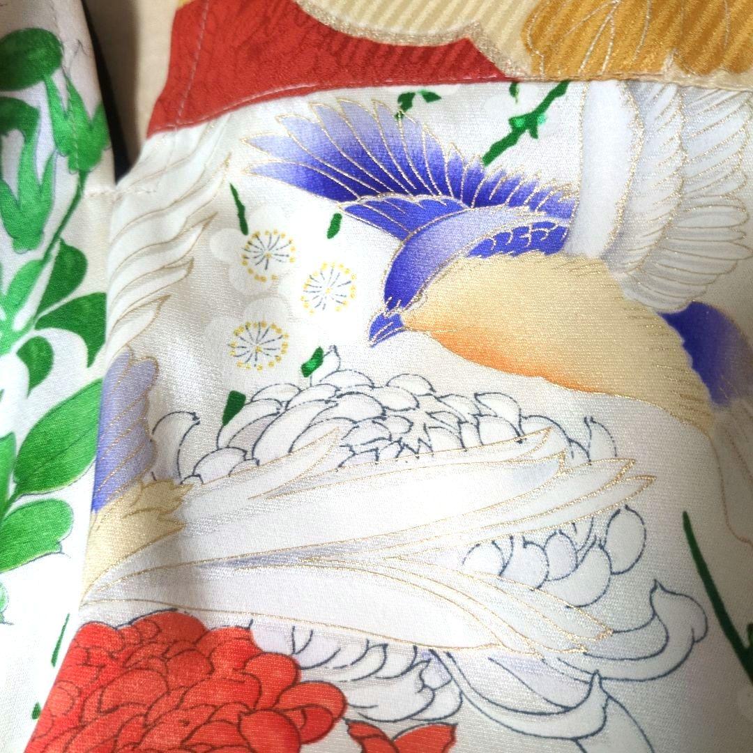 ムーミン様☆アイボリー花鳥と菊 振袖リメイクV開きワンピ*