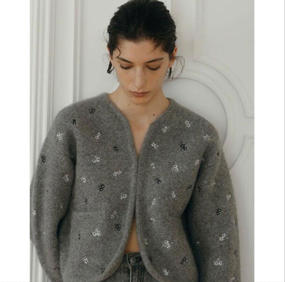 クレドナ CREDONA フラワー エンブロイダリー ニット ジャケット　グレー