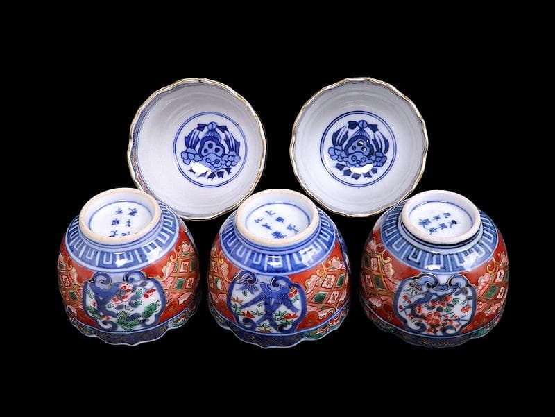 大聖寺伊万里　金襴手　窓絵　松竹梅の図　猪口　５客　E047AS-DCf