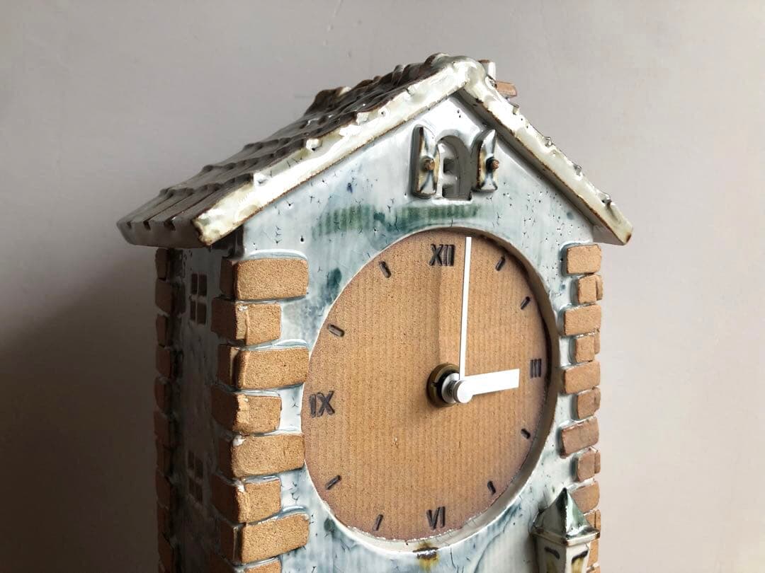 ドイツ ヴィンテージ 北欧雑貨 置き時計 陶器 煙突のある家 作家サイン 動良好