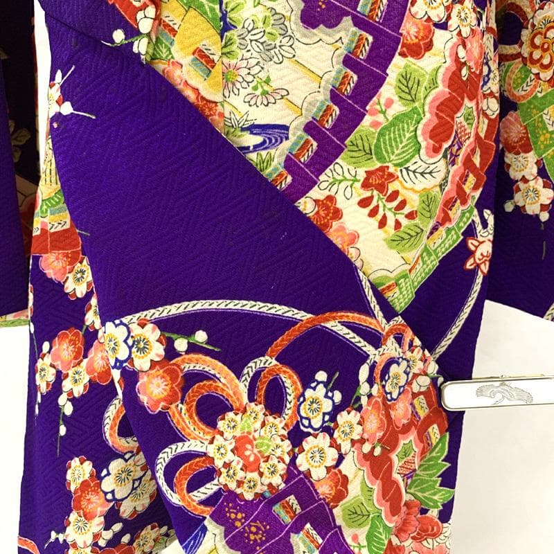 509ag41□七五三 三歳 アンティーク 女児 着物&被布 総柄 扇 花文□