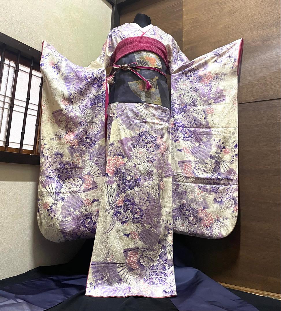 振袖 フルセット6点サイズS〜M 貝桶花文正絹袋帯唐織扇面御所車花文　金銀糸引箔