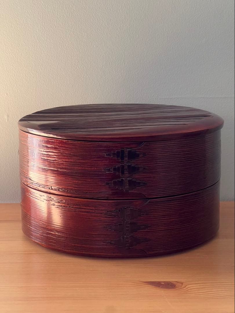 柴田慶信商店　秋田杉　曲げわっぱ　シバキ塗り　八寸　二段重　弁当箱　おひつ