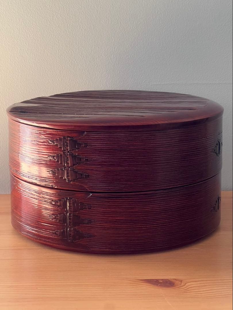 柴田慶信商店　秋田杉　曲げわっぱ　シバキ塗り　八寸　二段重　弁当箱　おひつ