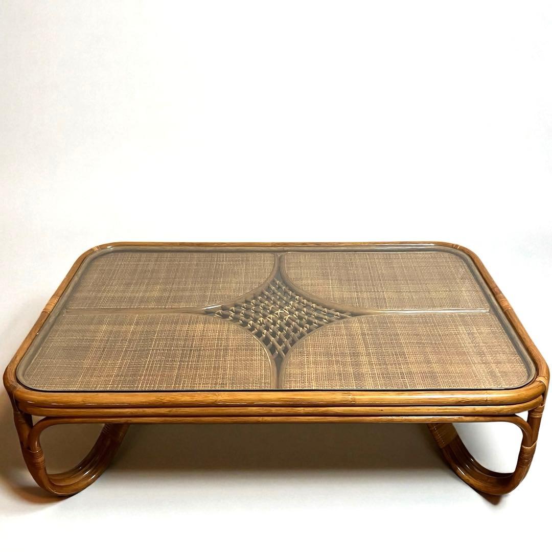 【美品】ラタン製 ローテーブル　センターテーブル　ガラス天板　籐家具　昭和レトロ