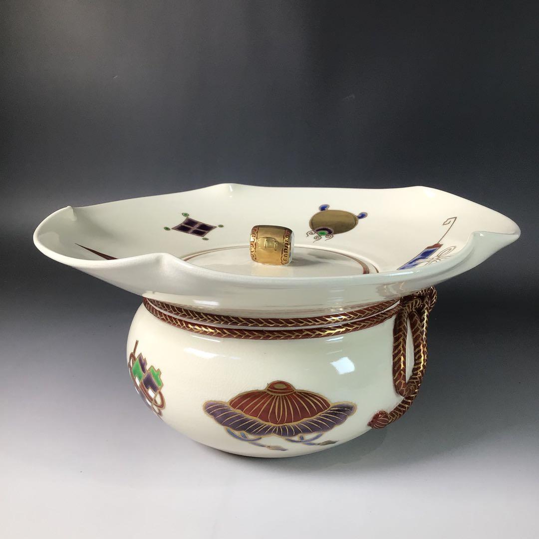 Ｒ８８９　水指　『橋本城岳造』『色絵宝文』『砂金袋水指』　共箱　茶道具