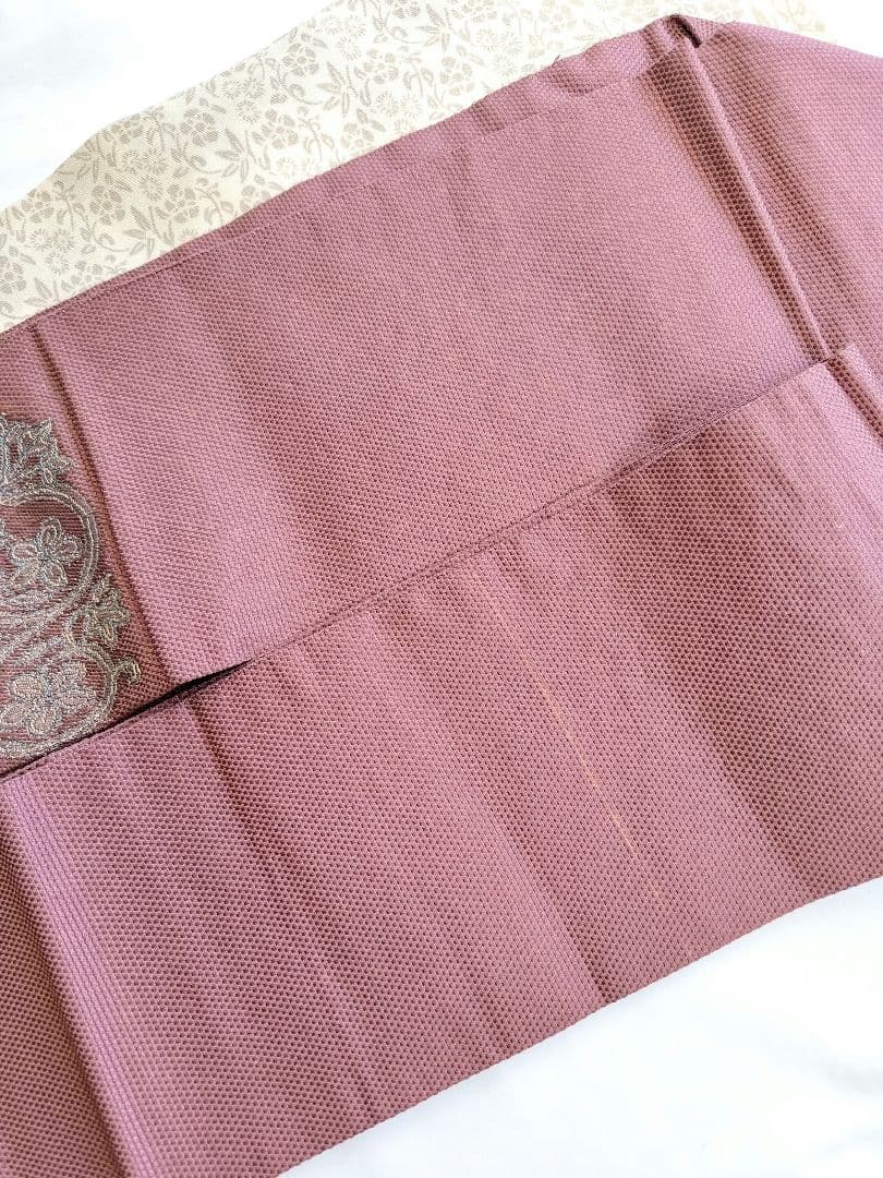 【本日中限定値下】大人名古屋帯くすみピンク草花柄オリエンタル柄刺繍お太鼓柄着物帯