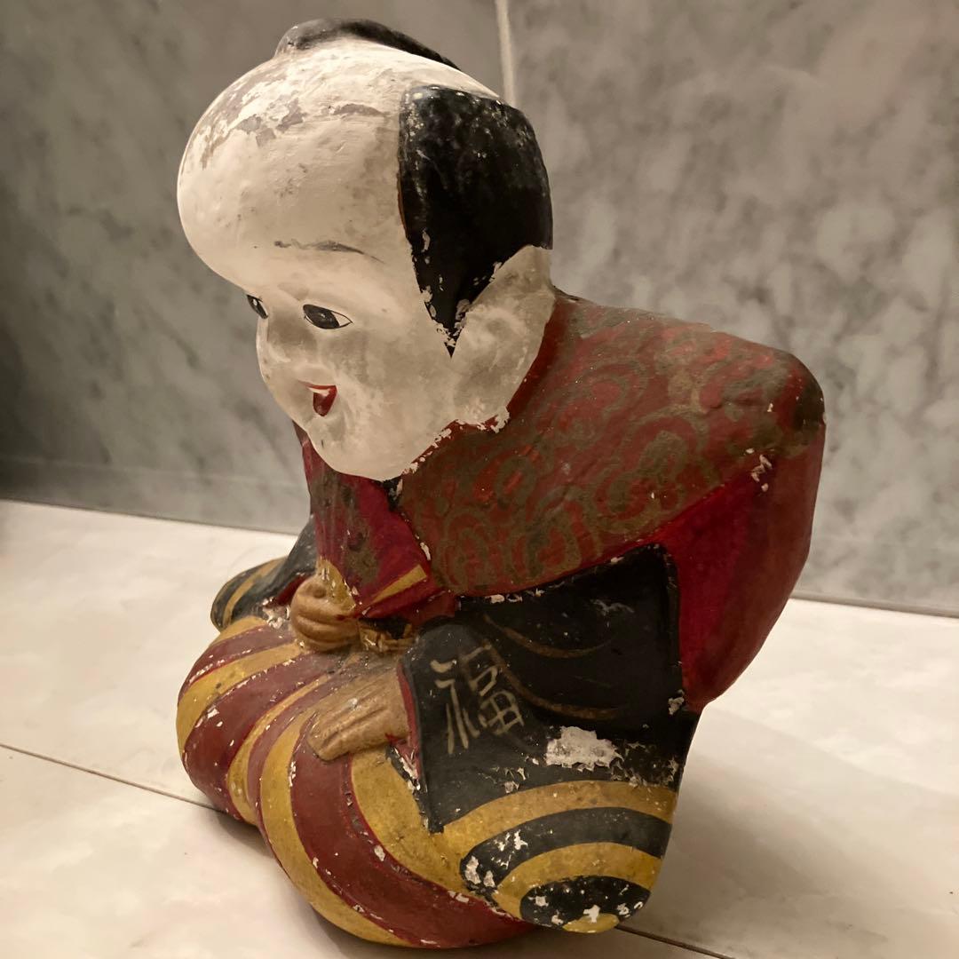 アンティーク約100年前瞳やおでこ、笑顔が美しく着物が素敵な金運、幸福を招く福助