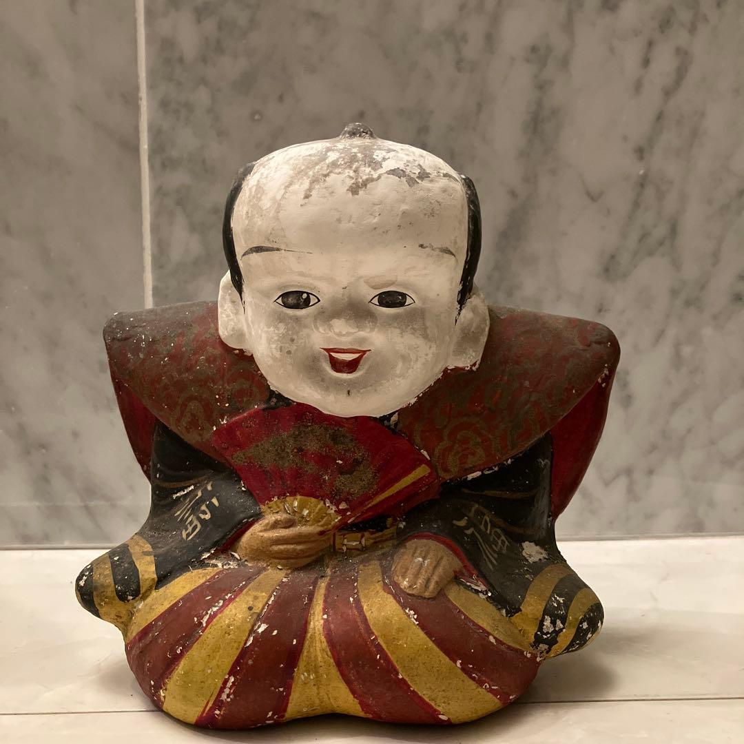 アンティーク約100年前瞳やおでこ、笑顔が美しく着物が素敵な金運、幸福を招く福助