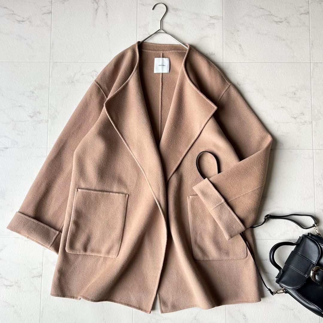 スピックアンドスパン ウールノーカラーミドル丈コート リバーコート キャメル M