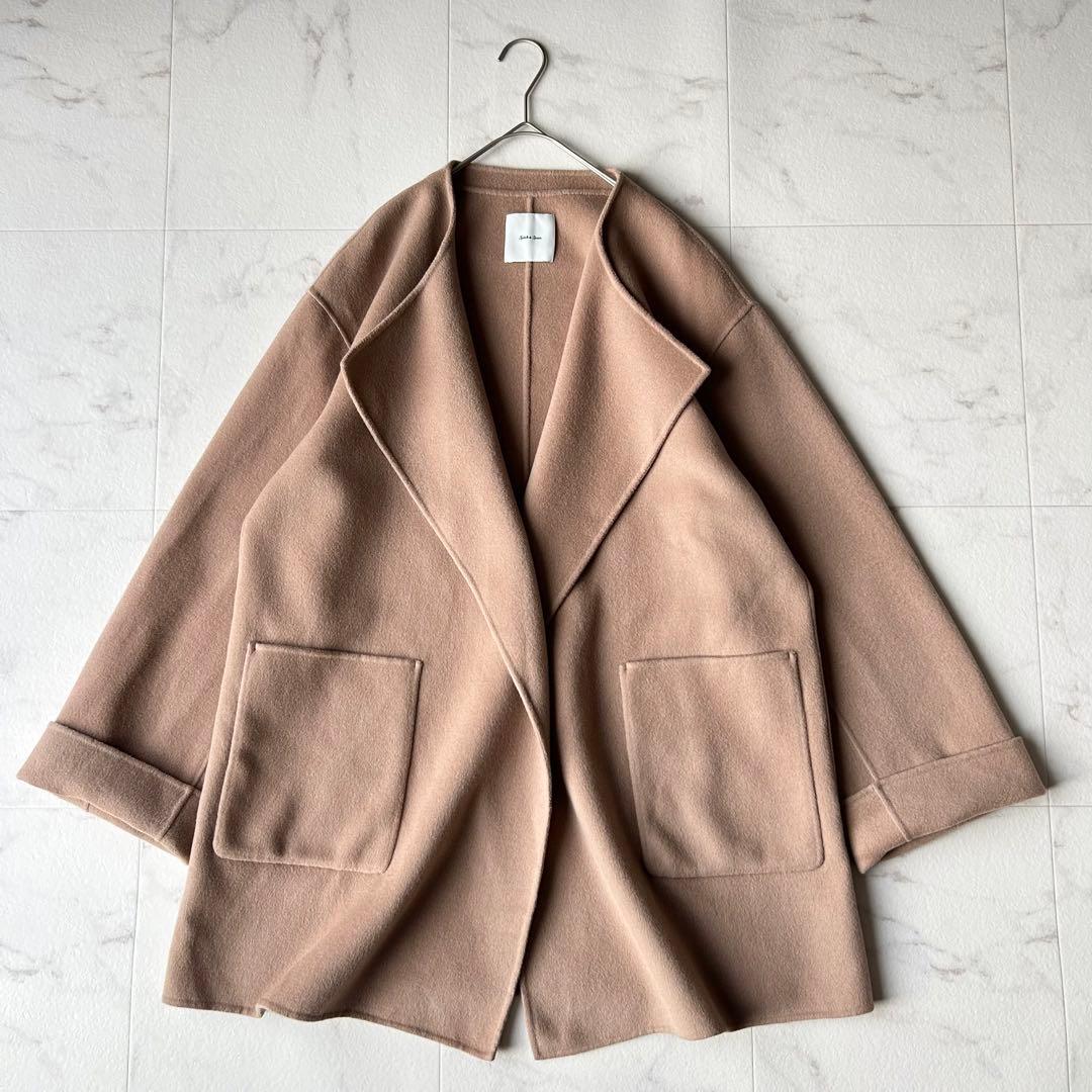 スピックアンドスパン ウールノーカラーミドル丈コート リバーコート キャメル M