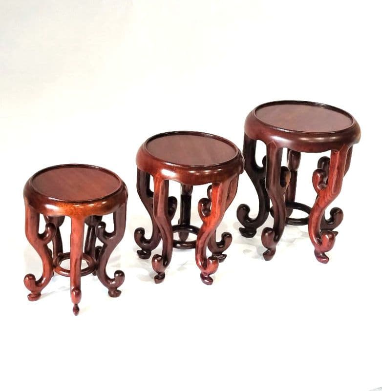❤【新品・未使用品含】盆栽卓　3個セット唐木 天然木 円式五足 花台 盆栽台