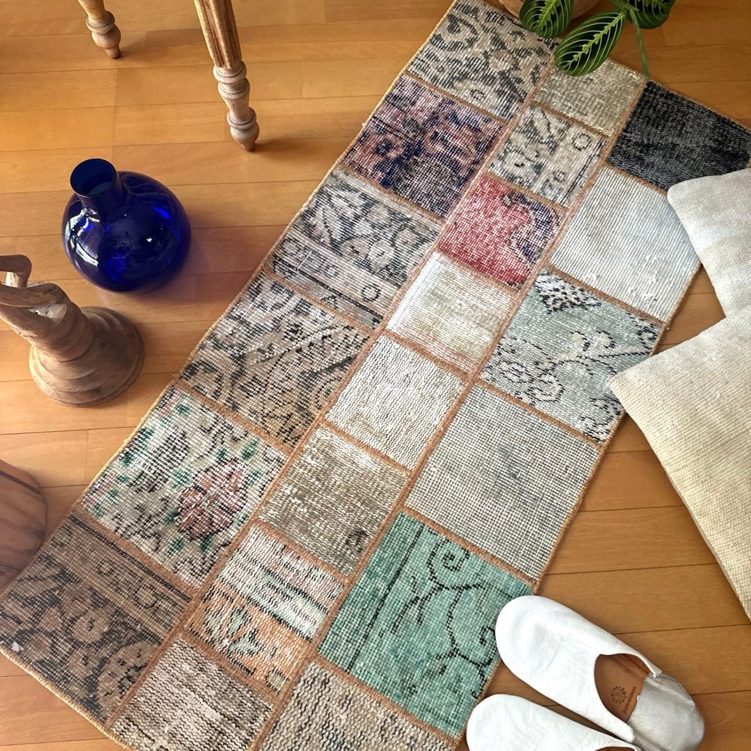56×122 ブラウンステッチ　パッチワークラグ　トルコヴィンテージラグ