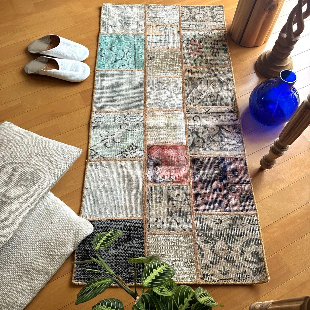 56×122 ブラウンステッチ　パッチワークラグ　トルコヴィンテージラグ