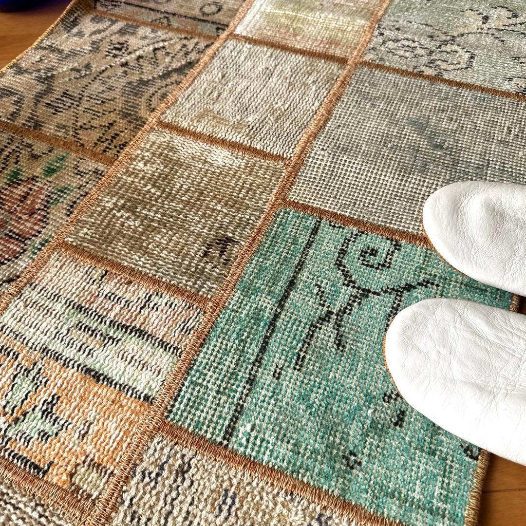 56×122 ブラウンステッチ　パッチワークラグ　トルコヴィンテージラグ