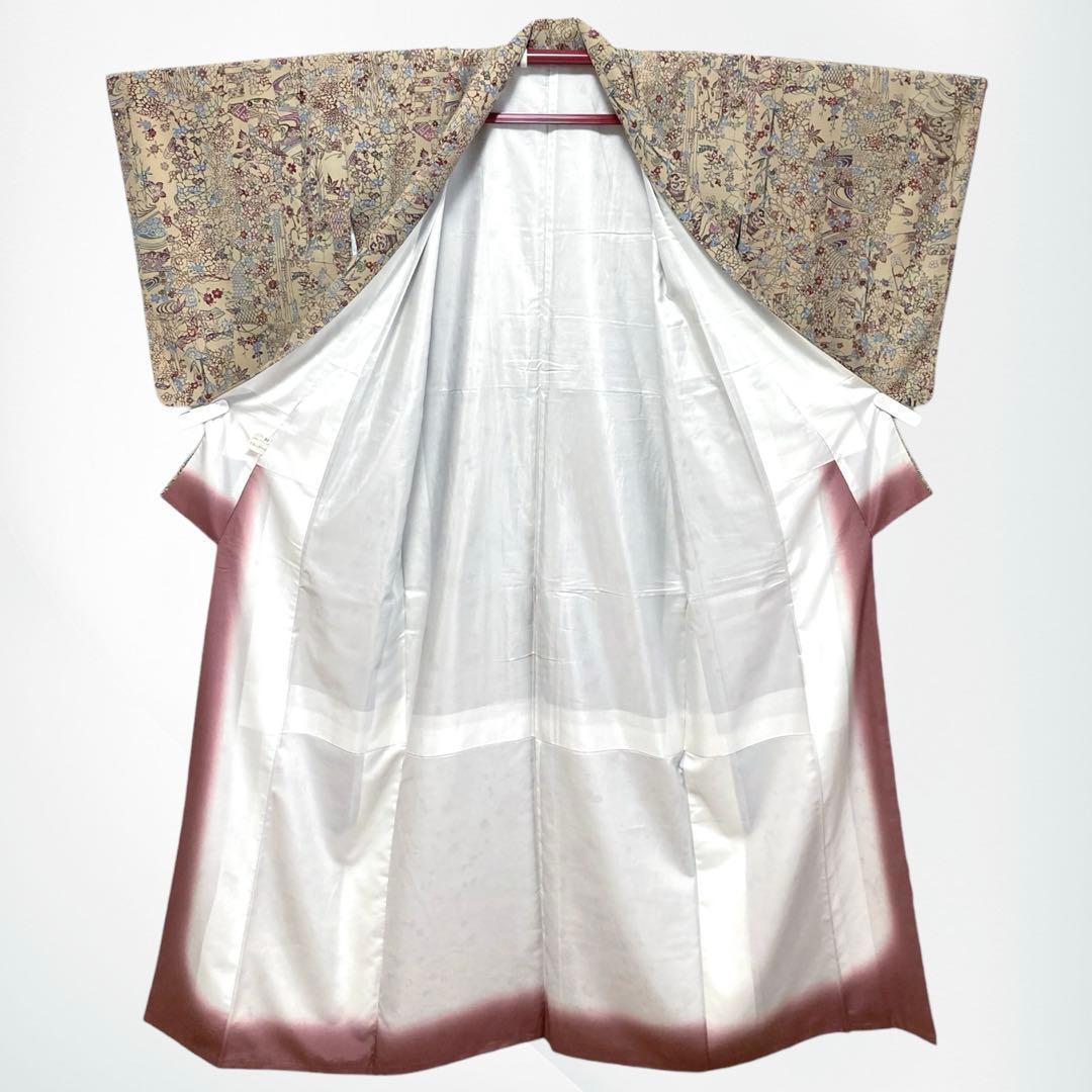 【良品✨】東レシルック　洗える着物　小紋　型染調　伽羅色　薄い茶色　草花模様E6