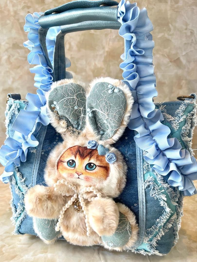 コヤンイサムチョン　フリンジデニム/スパンコールレースデニム　フリル持ち手バッグ