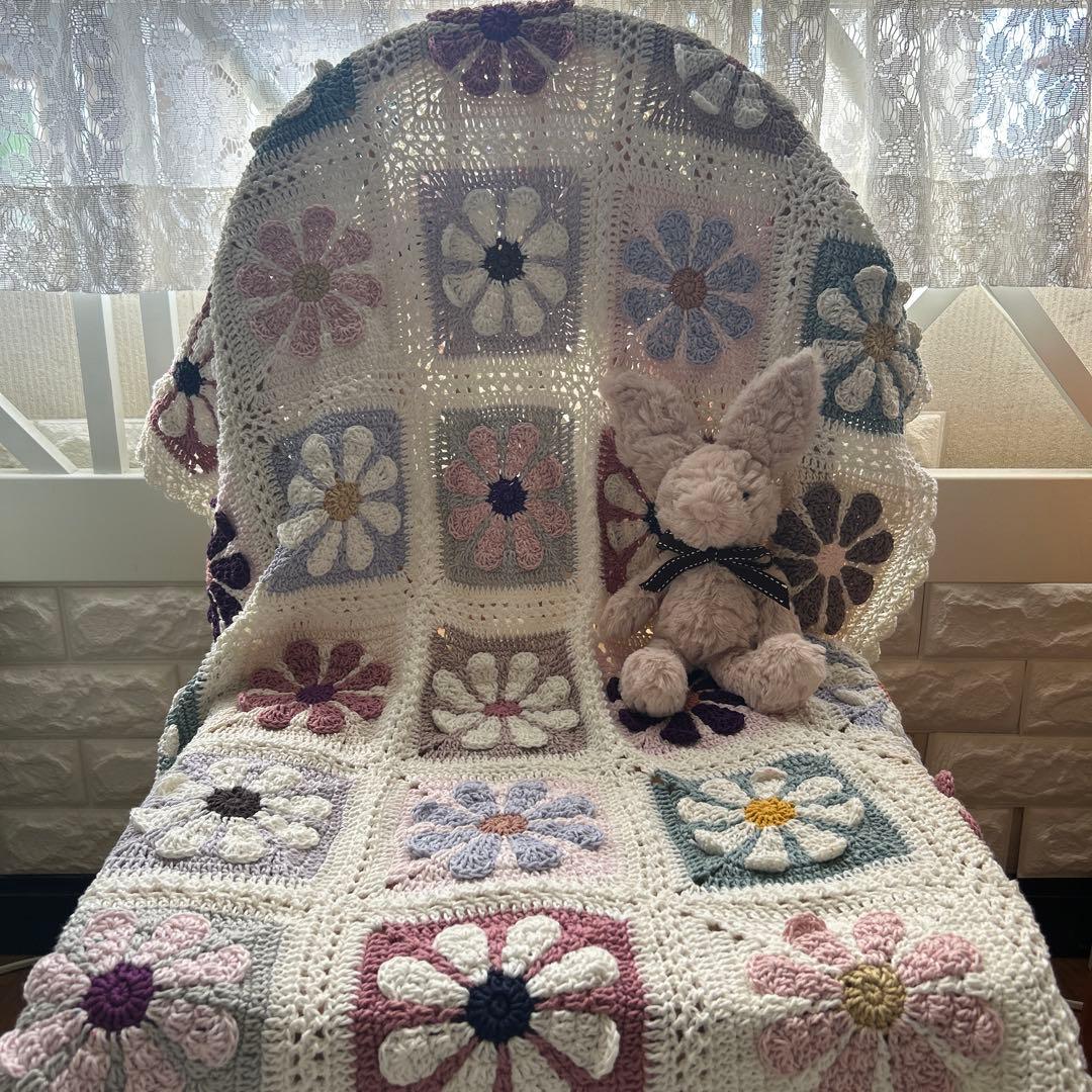 デイジー お花のモチーフ編み マルチカバー ブランケット 手編み