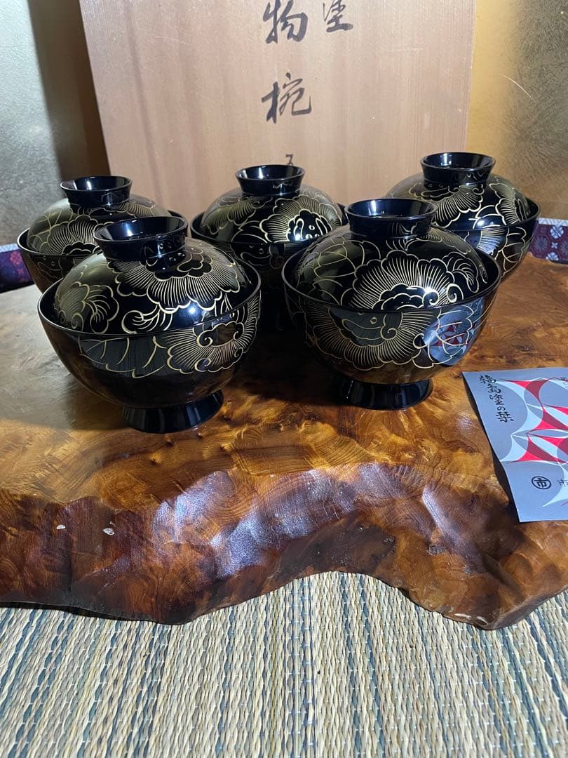 美品　未使用 高級輪島塗 わじま　市中泰三漆器店　黒漆沈金 吸物椀5客