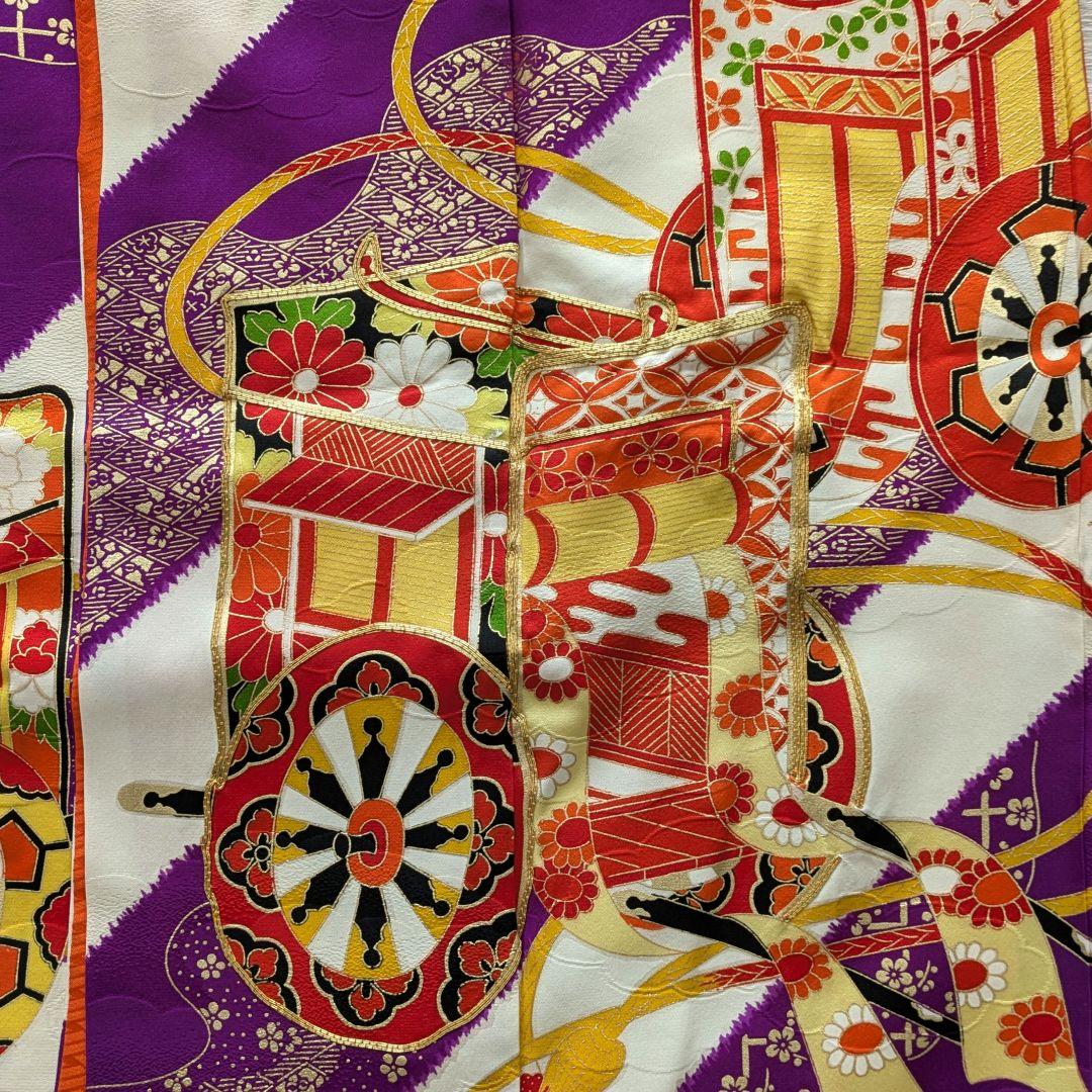 7歳　正絹白紫御所車　七五三　お着物・帯セット