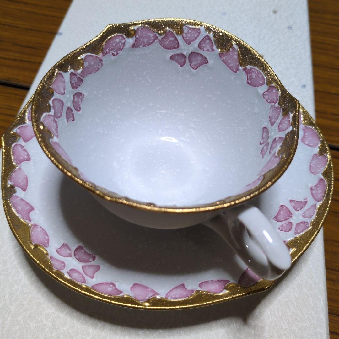 「有田焼 」「文山窯」「カップ&ソーサー」「 輪花」ゴールド「ピンクブルー」2客