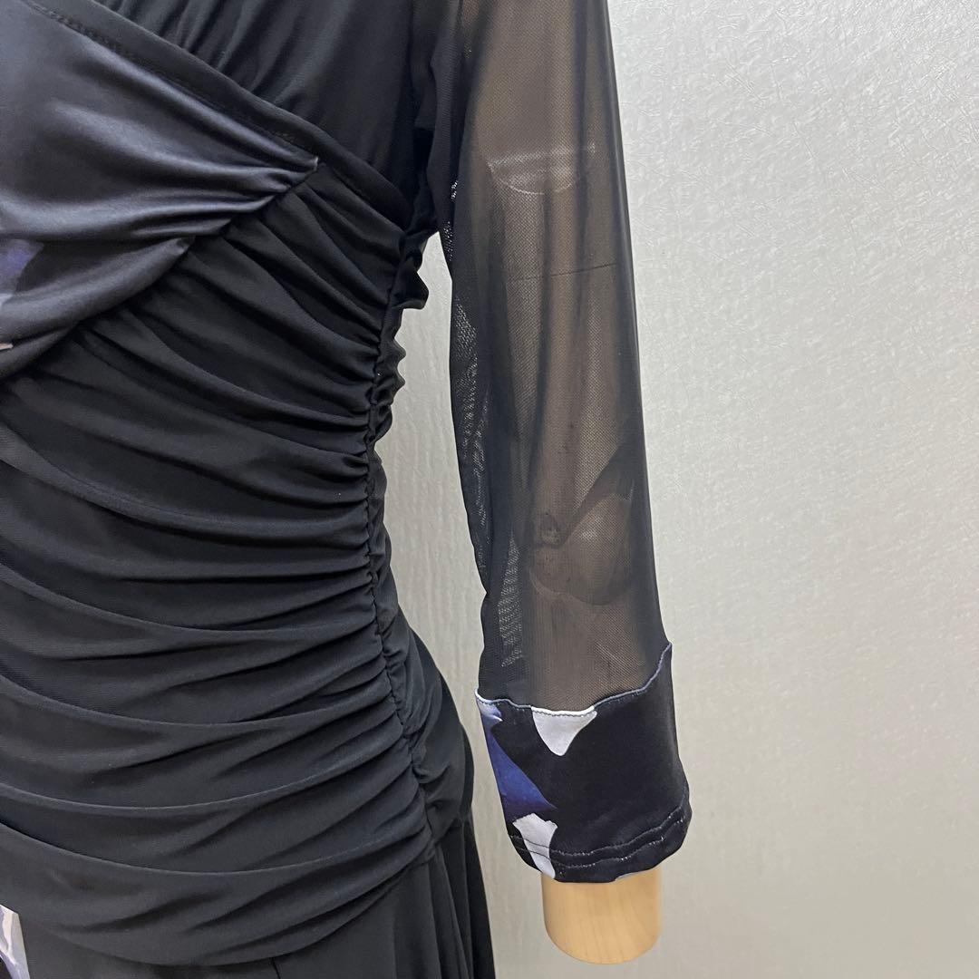 新品 社交ダンス ワンピース ブラック バラ柄　プリント サイズML