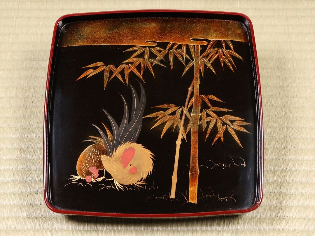 木製漆器 竹鶏蒔絵 吸物膳 五客 溜塗 黒塗 足付 四方膳 茶懐石 CM387