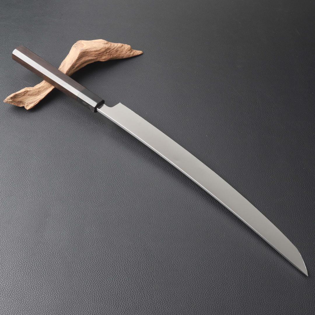 11118鬼反り先丸包丁尺二鏡面仕上げ刺身包丁刃は究極の切れ味黒檀黒水牛角八角柄