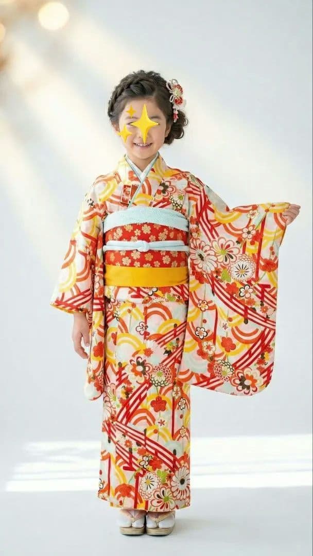 7歳　レトロ正絹白青海波菊　七五三　お着物・作り帯セット　アンティーク