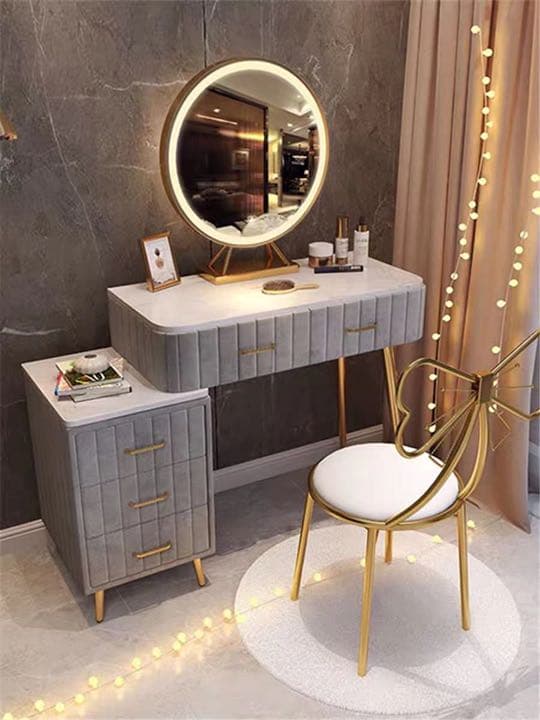 オシャレドレッサー　グリーン　デスク引き出し2杯LEDミラー　椅子　棚4点セット