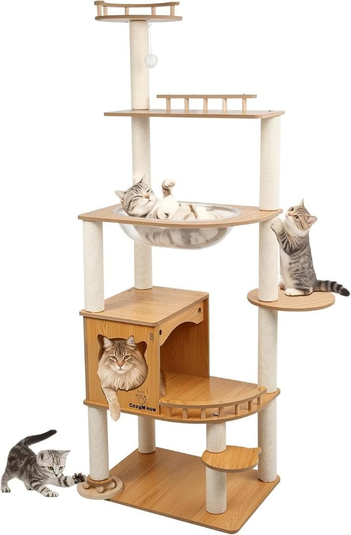 キャットタワー 木製 据え置き スリム 宇宙船 厚さを増した板材 大型猫用 猫タ