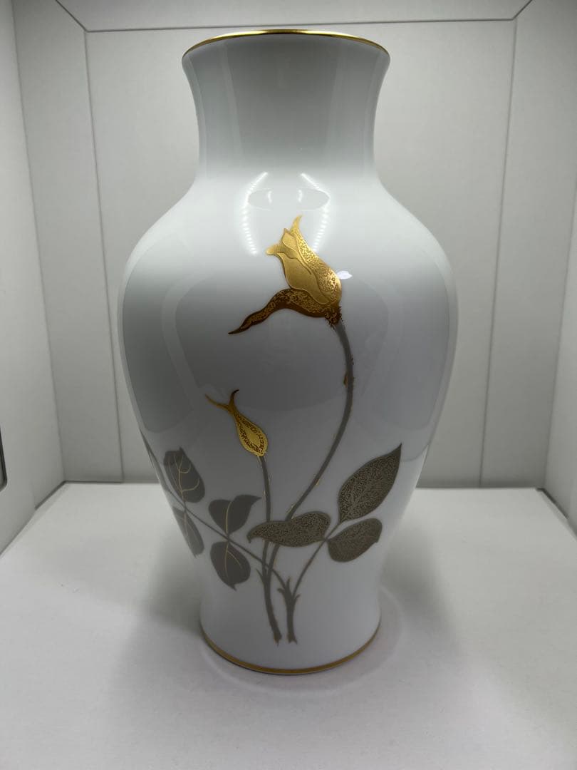 大倉陶園OKURA 金蝕バラ花瓶フラワーベース花器ゴールド 陶器 高さ約35cm