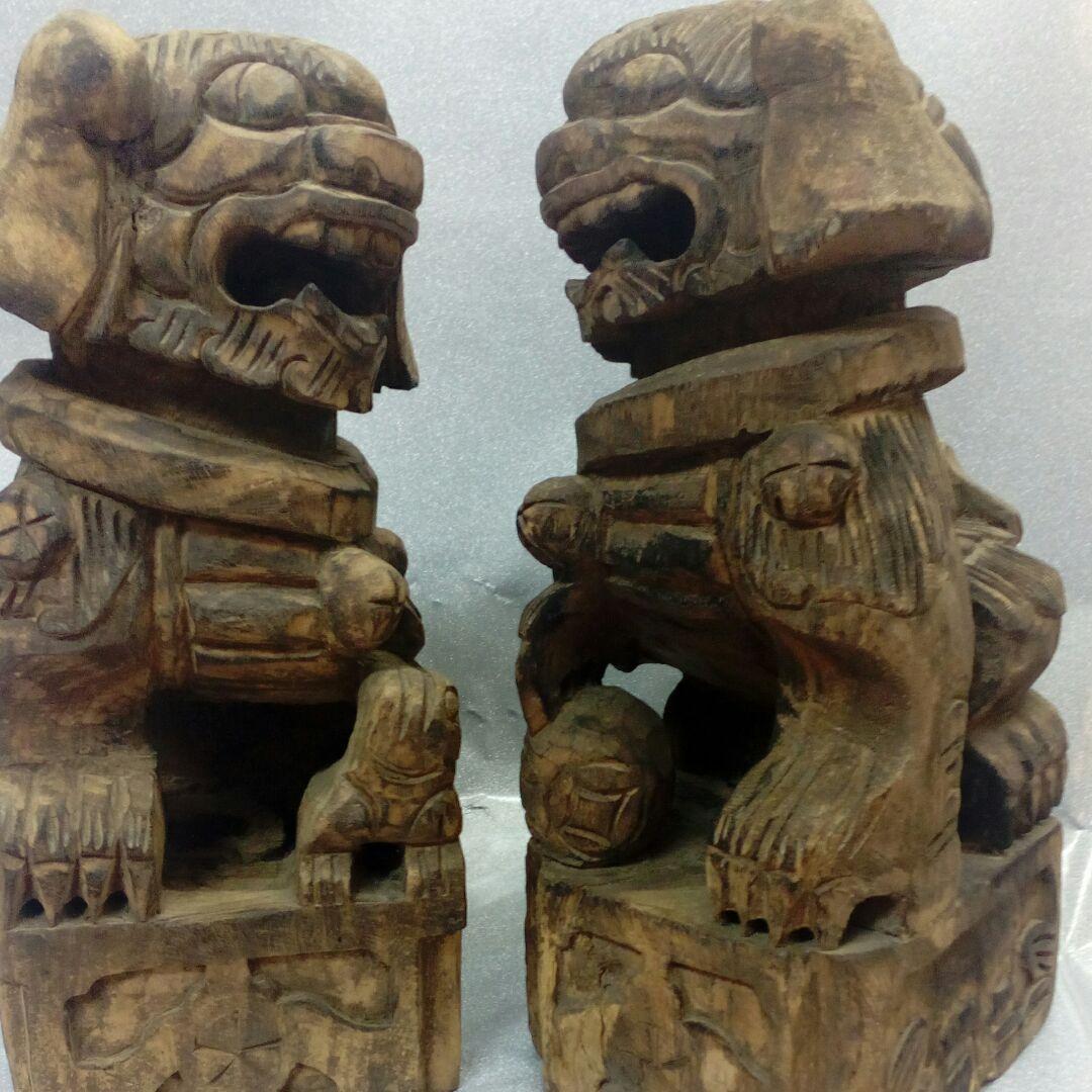 仏教古美術江戸時代中期頃細密造形造り木彫２対獅子２５〜２７センチ寺社仏閣当時物