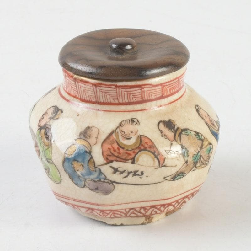 茶道具　九谷焼　古九谷　人物文　茶入　黒柿蓋　仕覆付　V　9669