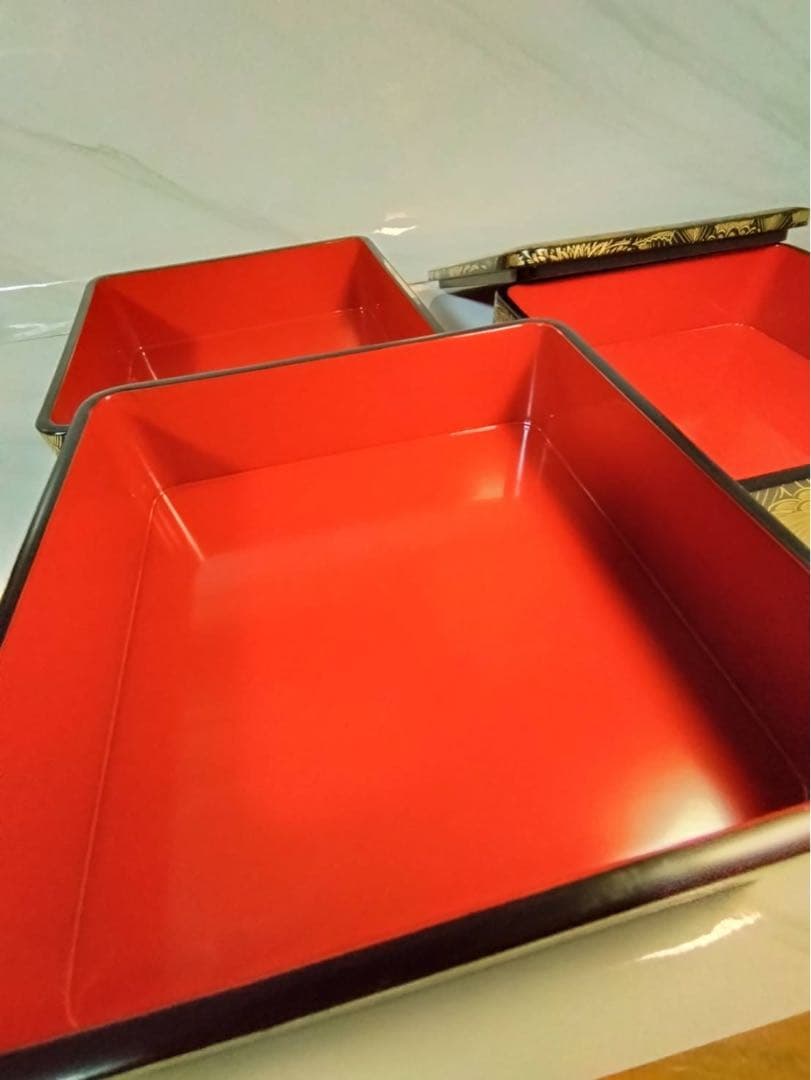 【W】未使用美品 輪島塗 総沈金 菊詰 三段重箱 6.5寸 黒塗 高級漆器