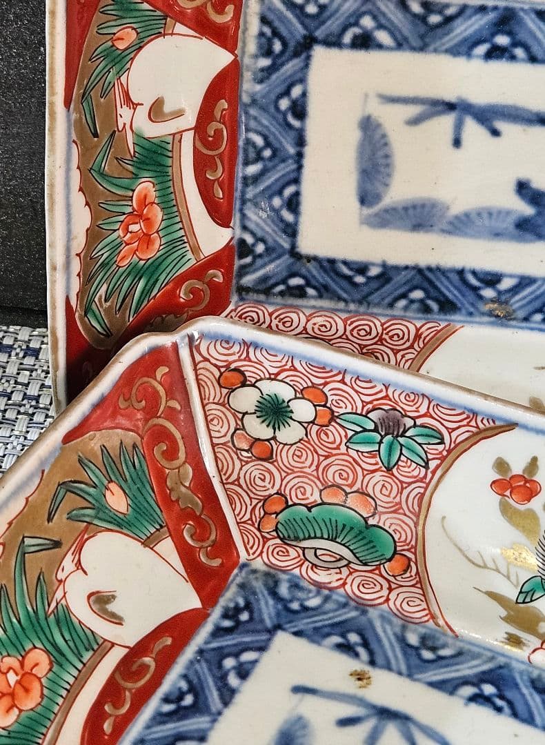 江戸時代末期　古伊万里　錦手　松竹梅に 獅子に菖蒲に鷺図　19.5cm長皿2客③