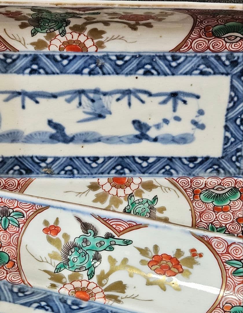 江戸時代末期　古伊万里　錦手　松竹梅に 獅子に菖蒲に鷺図　19.5cm長皿2客③