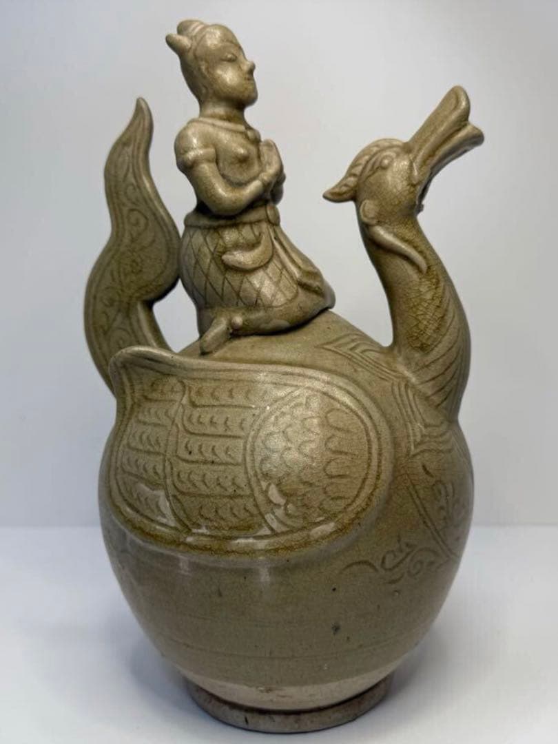 ベトナム陶器製 鶴の茶釜骨董品保証