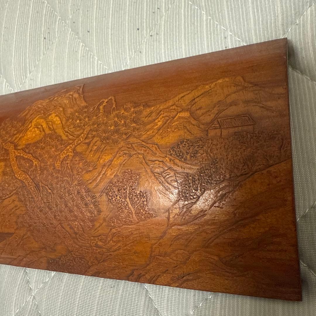 中国古美術 扇子 在銘 文房具　煎茶道具　茶合　山水人物彫　竹茶合 詩文彫